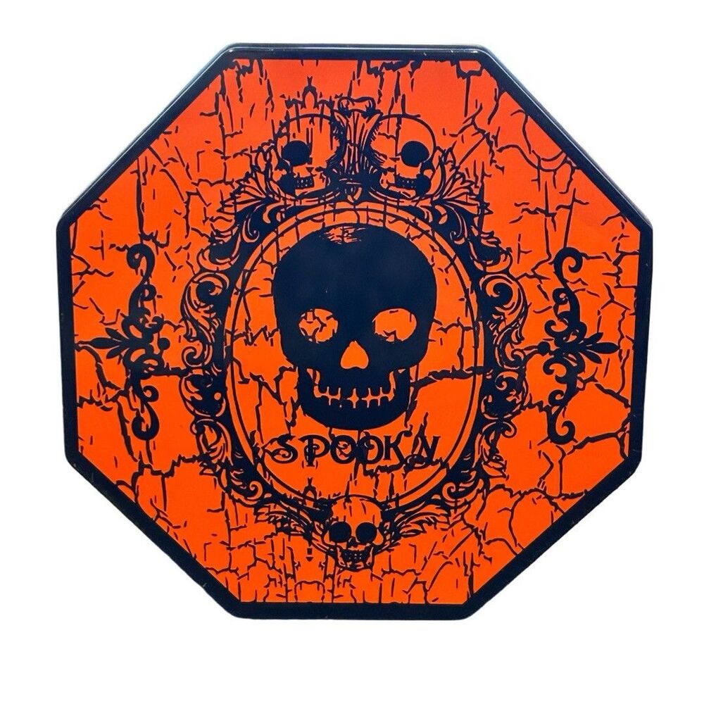 Halloween Decorative Orange & Black Skeleton Octagon Tin Box 7 1/2" x2 1/2"